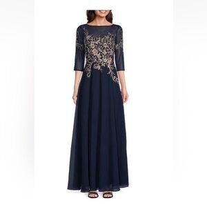 Betsy & Adam Navy and Gold Long Sleeve Gown